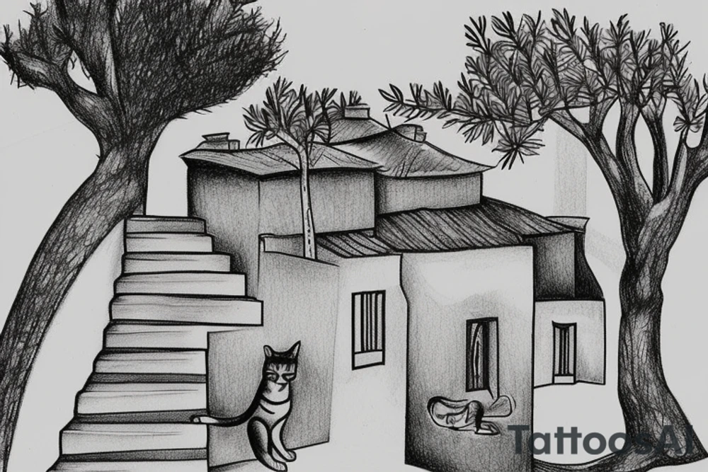 a really simple line drawing of a small Greek house, on a hill. A small Olive tree and cat
 on the stairs tattoo idea