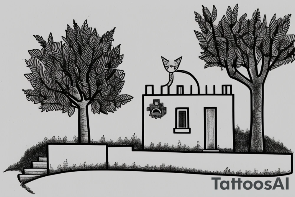 a really simple line drawing of a small Greek house, on a hill. A small Olive tree and cat
 on the stairs tattoo idea