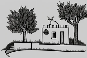 a really simple line drawing of a small Greek house, on a hill. A small Olive tree and cat
 on the stairs tattoo idea