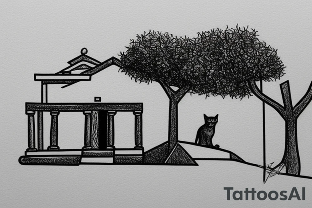a small simple line drawing of a small Greek house, on a hill. A small Olive tree and cat
 on the stairs tattoo idea