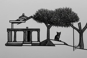a small simple line drawing of a small Greek house, on a hill. A small Olive tree and cat
 on the stairs tattoo idea