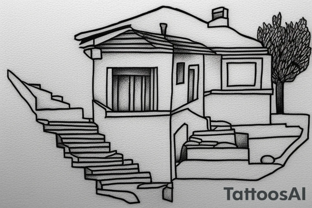 a small simple line drawing of a small Greek house, on a hill. A small Olive tree and cat
 on the stairs tattoo idea