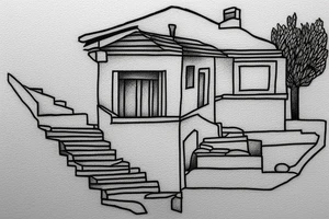 a small simple line drawing of a small Greek house, on a hill. A small Olive tree and cat
 on the stairs tattoo idea