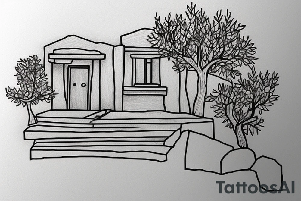 a small simple line drawing of a small Greek house, on a hill. A small Olive tree and cat
 on the stairs tattoo idea