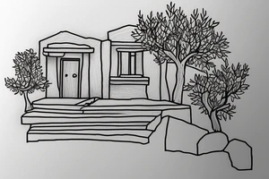 a small simple line drawing of a small Greek house, on a hill. A small Olive tree and cat
 on the stairs tattoo idea