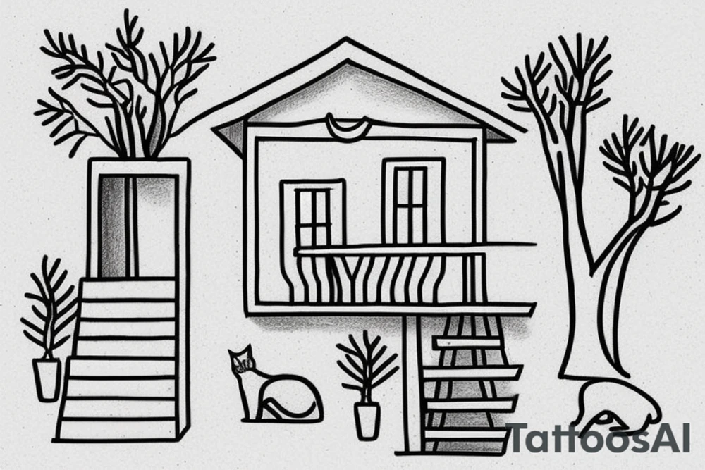 a small simple line drawing of a small Greek house, on a hill. A small Olive tree and cat
 on the stairs tattoo idea