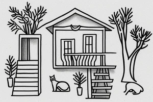 a small simple line drawing of a small Greek house, on a hill. A small Olive tree and cat
 on the stairs tattoo idea