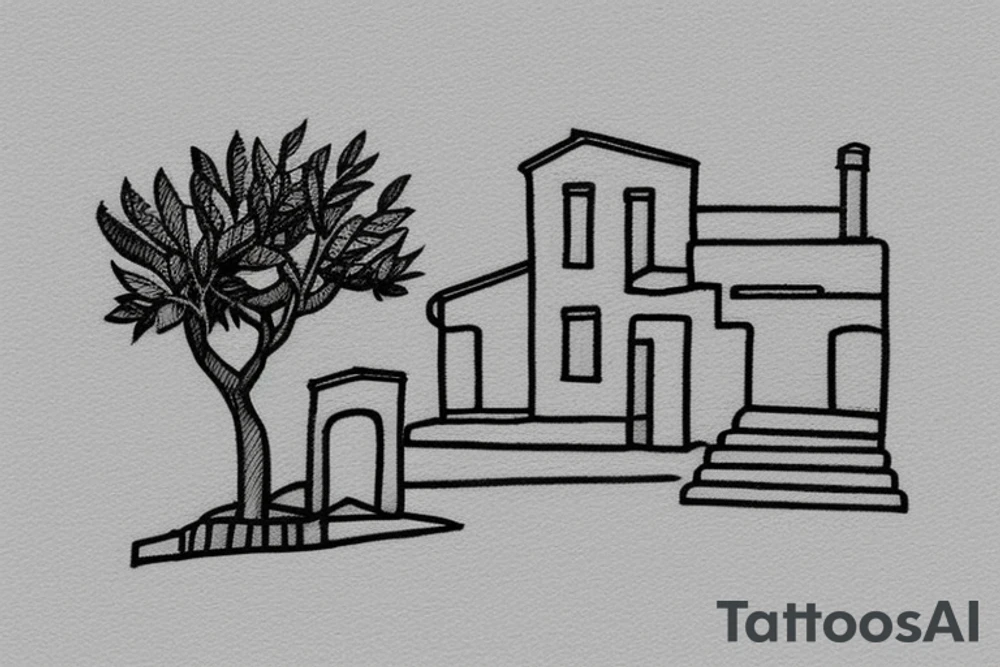 a small simple line drawing of a small Greek house, on a hill. A small Olive tree and cat
 on the stairs tattoo idea