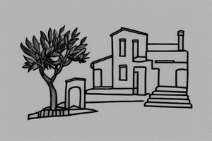 a small simple line drawing of a small Greek house, on a hill. A small Olive tree and cat
 on the stairs tattoo idea