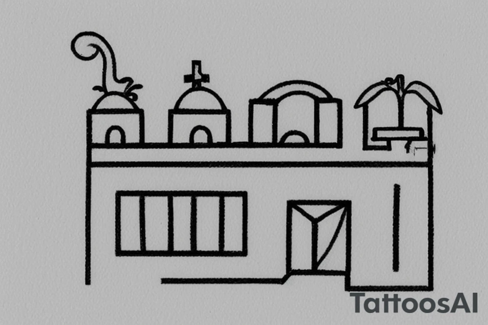 a small simple line drawing of a small Greek house, on a hill. A small Olive tree and cat
 on the stairs tattoo idea