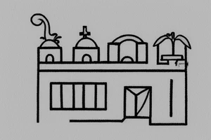 a small simple line drawing of a small Greek house, on a hill. A small Olive tree and cat
 on the stairs tattoo idea