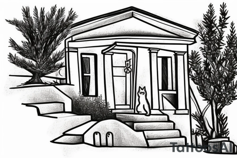 a small simple line drawing of a small Greek house, on a hill. A small Olive tree and cat
 on the stairs tattoo idea