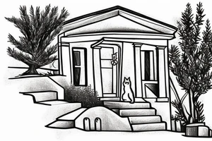 a small simple line drawing of a small Greek house, on a hill. A small Olive tree and cat
 on the stairs tattoo idea
