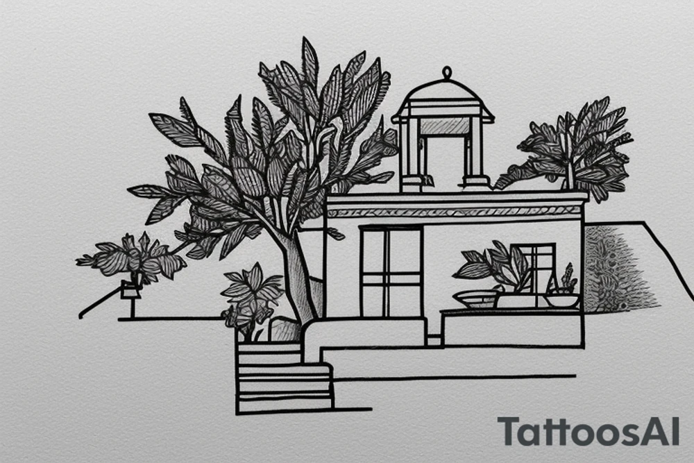 a small simple line drawing of a small Greek house, on a hill. A small Olive tree and cat
 on the stairs tattoo idea