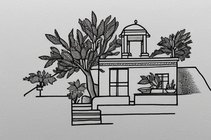 a small simple line drawing of a small Greek house, on a hill. A small Olive tree and cat
 on the stairs tattoo idea