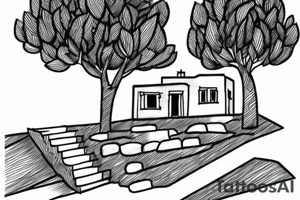 a small simple line drawing of a small Greek house, on a hill. A small Olive tree and cat
 on the stairs tattoo idea