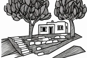 a small simple line drawing of a small Greek house, on a hill. A small Olive tree and cat
 on the stairs tattoo idea