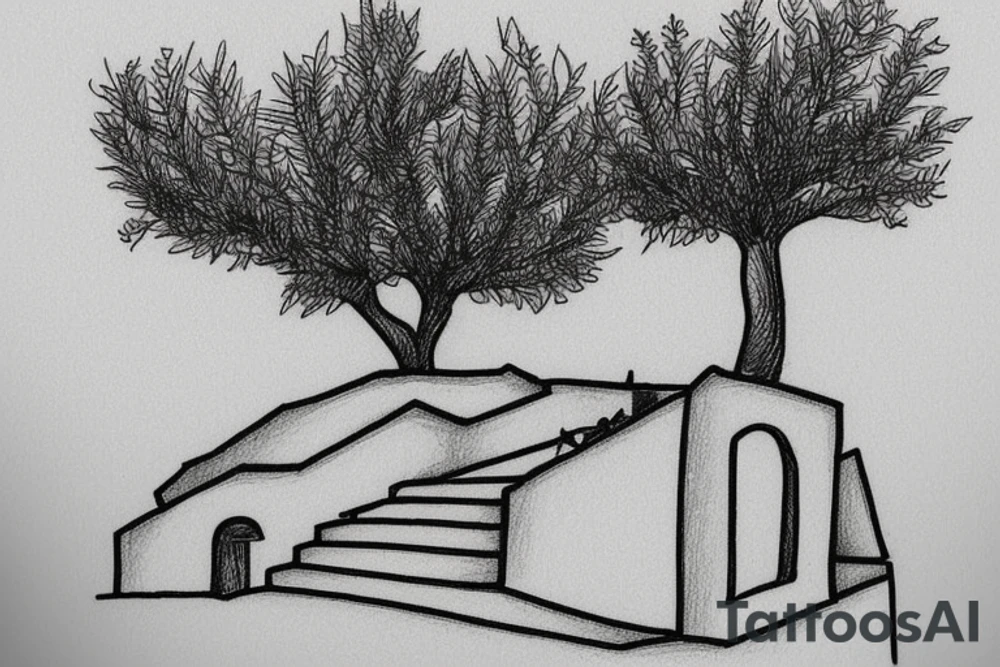 a small simple line drawing of a small Greek house, on a hill. A small Olive tree and cat
 on the stairs tattoo idea