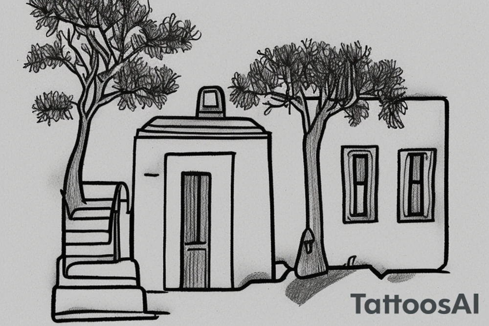 a small simple line drawing of a small Greek house, on a hill. A small Olive tree and cat
 on the stairs tattoo idea