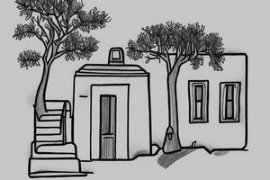 a small simple line drawing of a small Greek house, on a hill. A small Olive tree and cat
 on the stairs tattoo idea