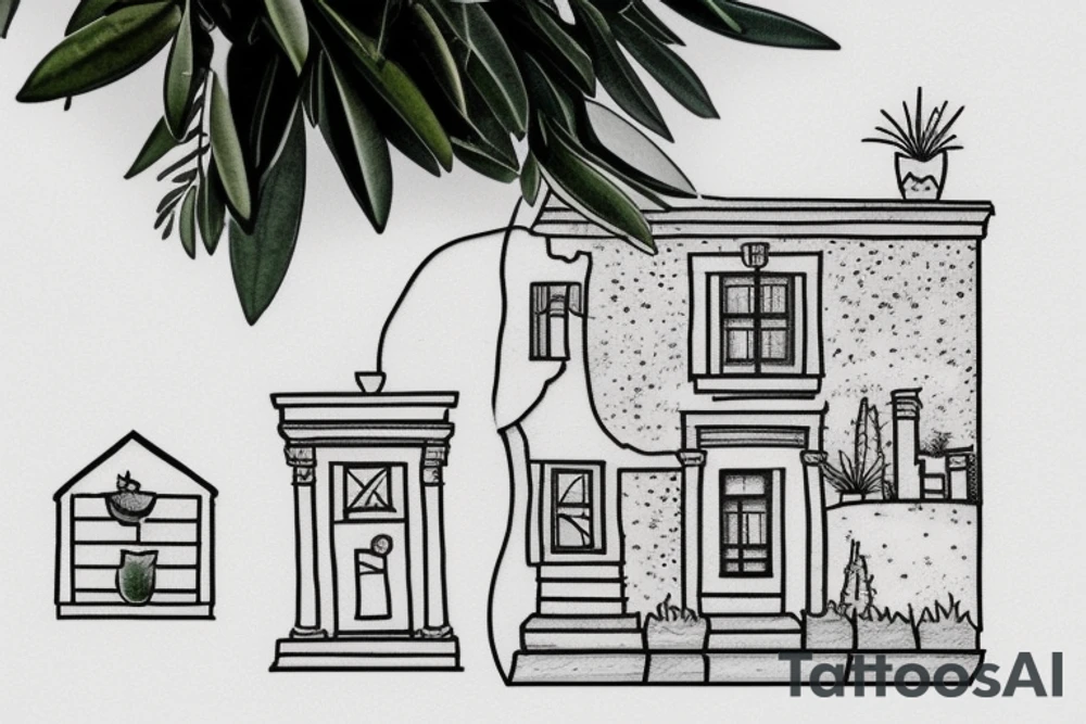 a small simple line drawing of a small Greek house, on a hill. A small Olive tree and cat
 on the stairs tattoo idea