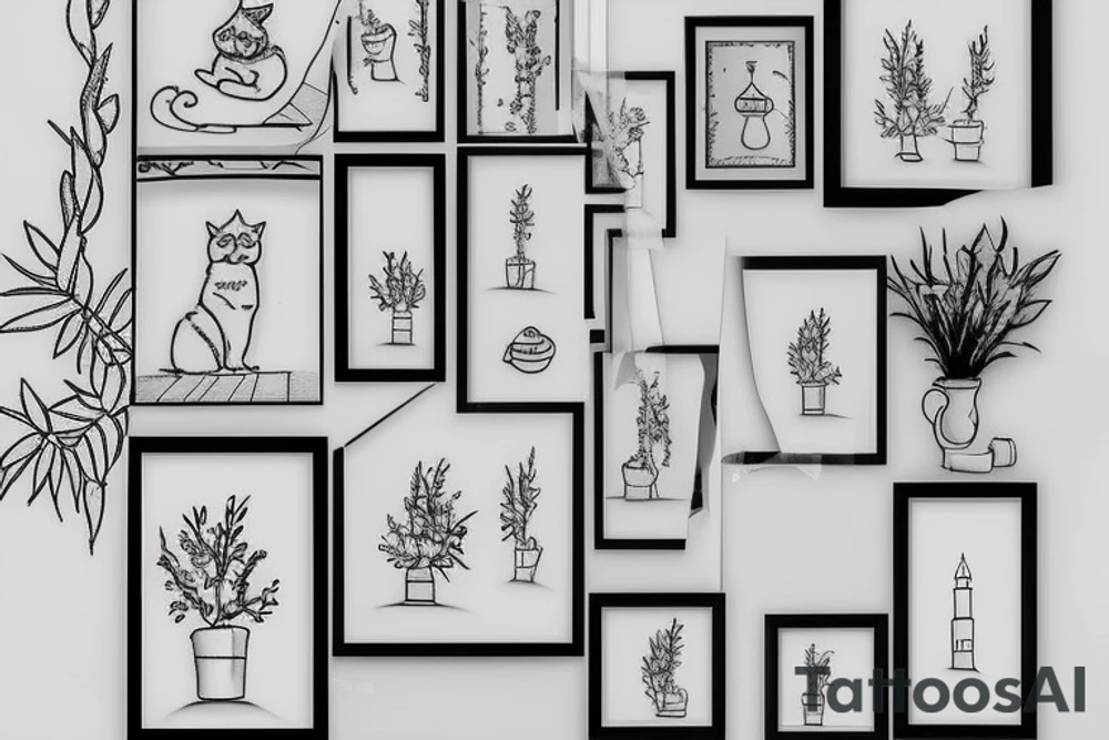a really simple line drawing of a greek house, with a cat on the stairs, and framed with an olive tree tattoo idea