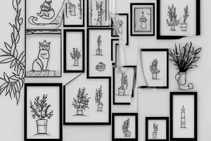 a really simple line drawing of a greek house, with a cat on the stairs, and framed with an olive tree tattoo idea