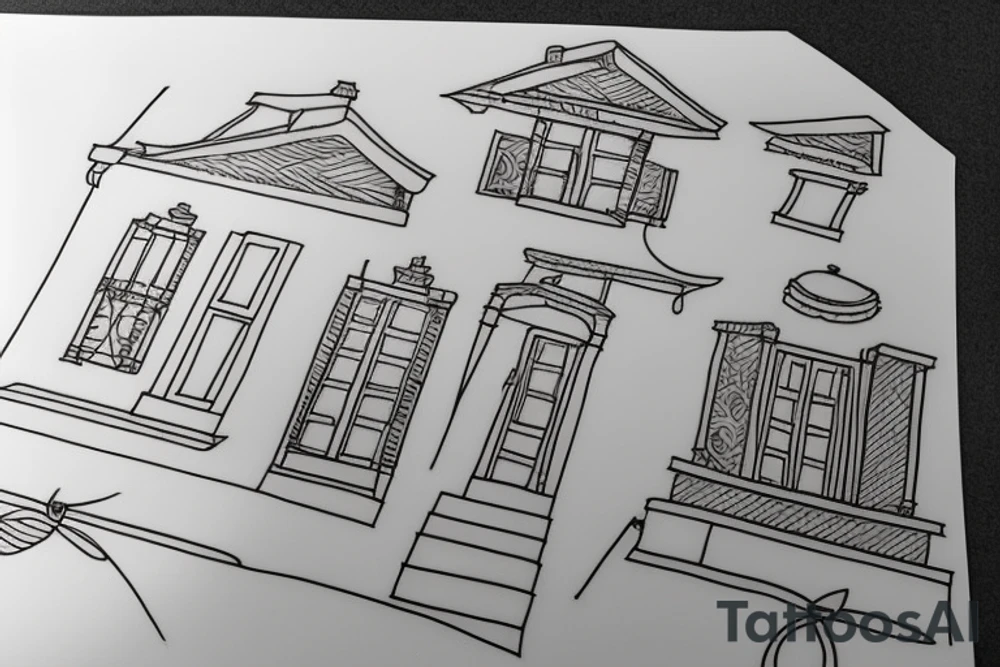 a really simple line drawing of a greek house, with a cat on the stairs, and framed with an olive tree tattoo idea