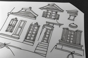 a really simple line drawing of a greek house, with a cat on the stairs, and framed with an olive tree tattoo idea