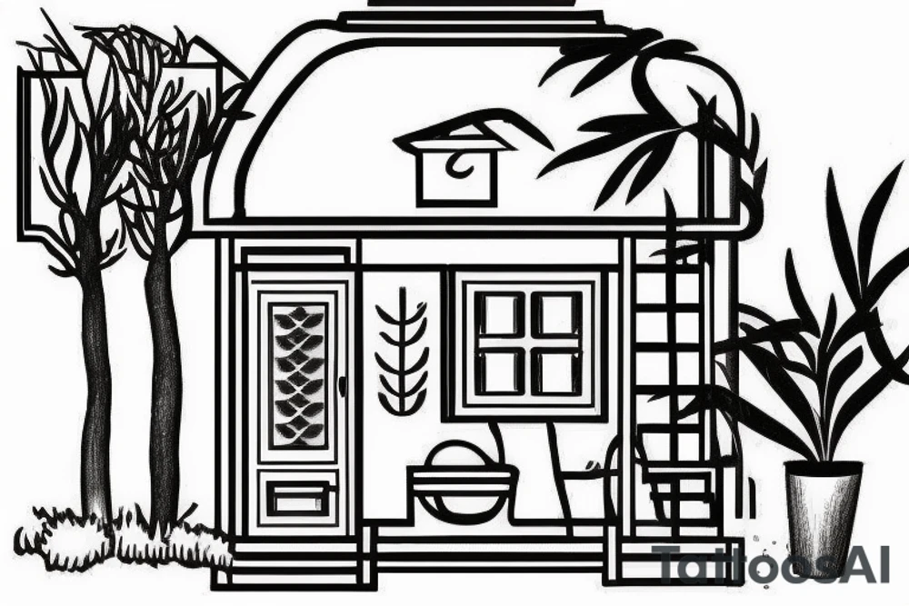 a really simple line drawing of a greek house, with a cat on the stairs, and a small olive tree tattoo idea