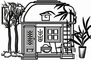 a really simple line drawing of a greek house, with a cat on the stairs, and a small olive tree tattoo idea