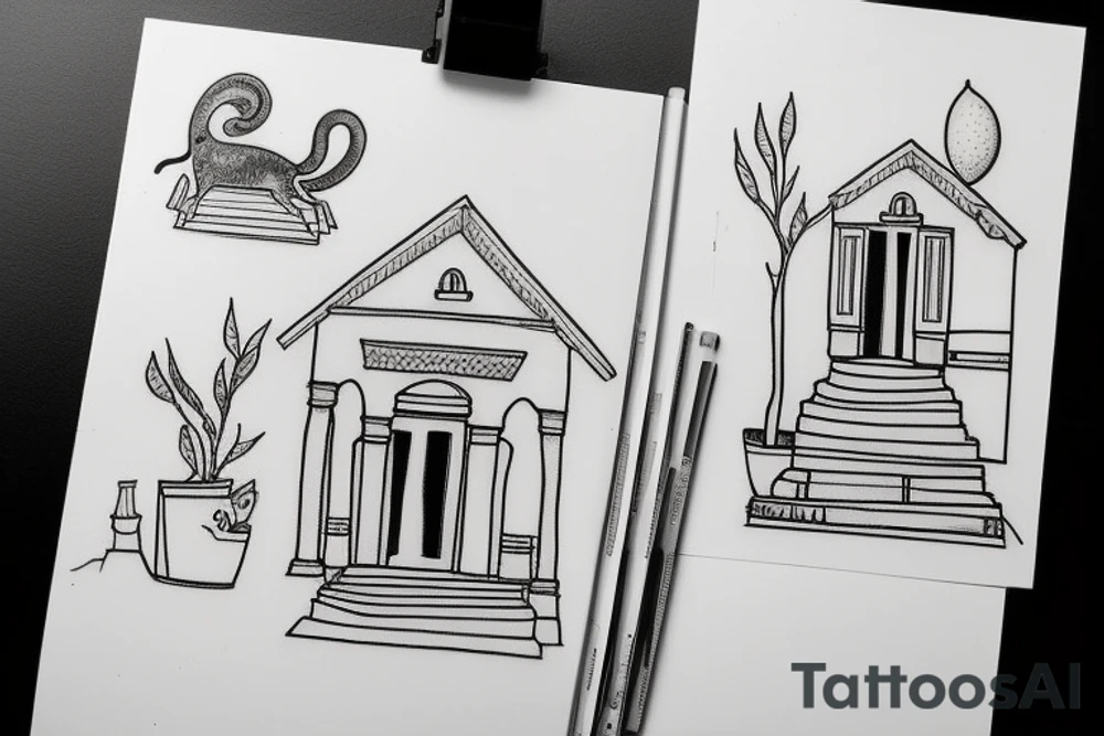 a really simple line drawing of a greek house, with a cat on the stairs, and a small olive tree tattoo idea