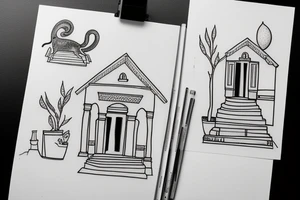 a really simple line drawing of a greek house, with a cat on the stairs, and a small olive tree tattoo idea