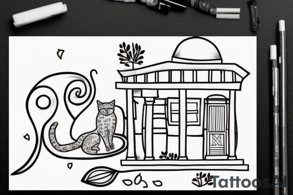 a really simple line drawing of a greek house, with a cat on the stairs, and a small olive tree tattoo idea