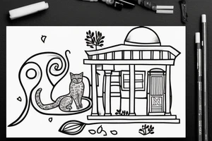 a really simple line drawing of a greek house, with a cat on the stairs, and a small olive tree tattoo idea