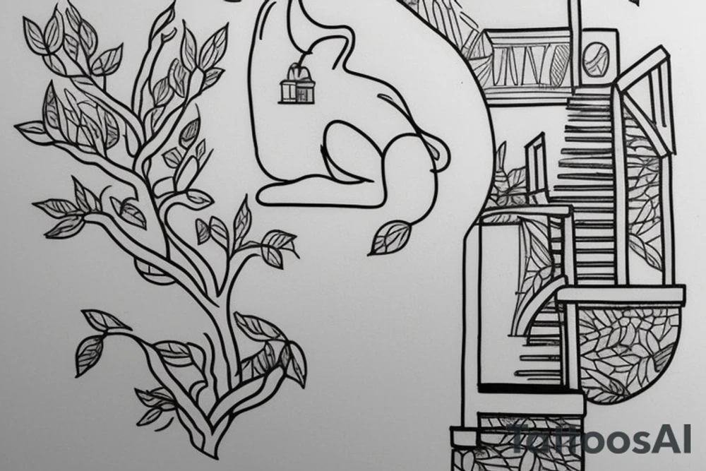 a really simple line drawing of a greek house, with a cat on the stairs, and a small olive tree tattoo idea