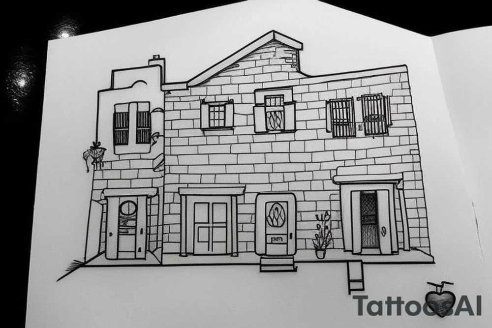 a simple line drawing of a greek house, with a cat on the stairs, and a small olive tree tattoo idea