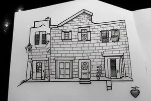 a simple line drawing of a greek house, with a cat on the stairs, and a small olive tree tattoo idea
