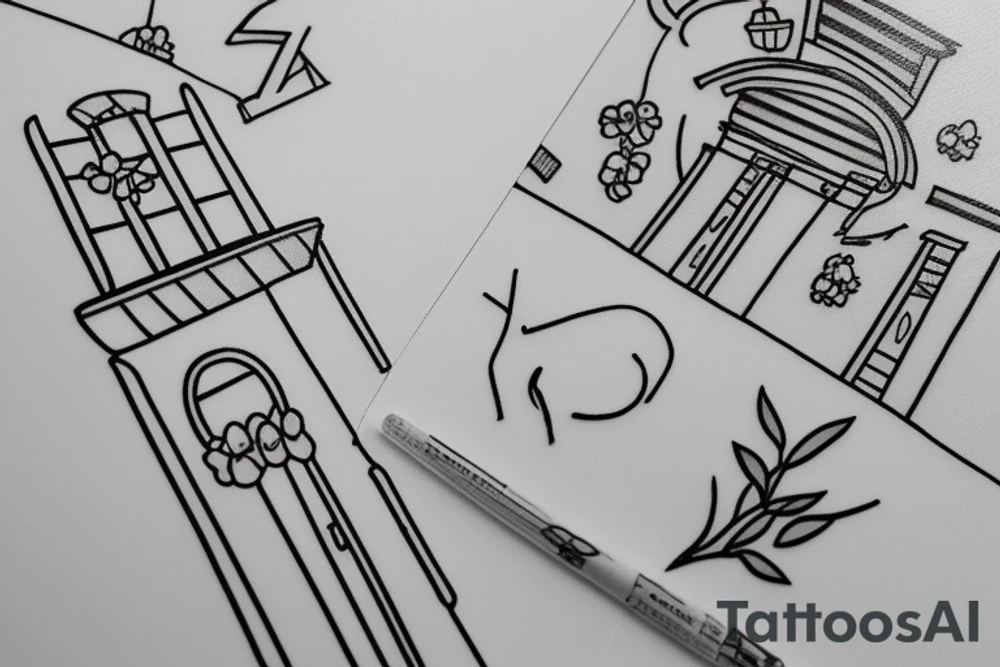 a simple line drawing of a greek house, with a cat on the stairs, and a small olive tree tattoo idea