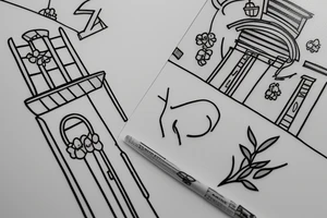 a simple line drawing of a greek house, with a cat on the stairs, and a small olive tree tattoo idea