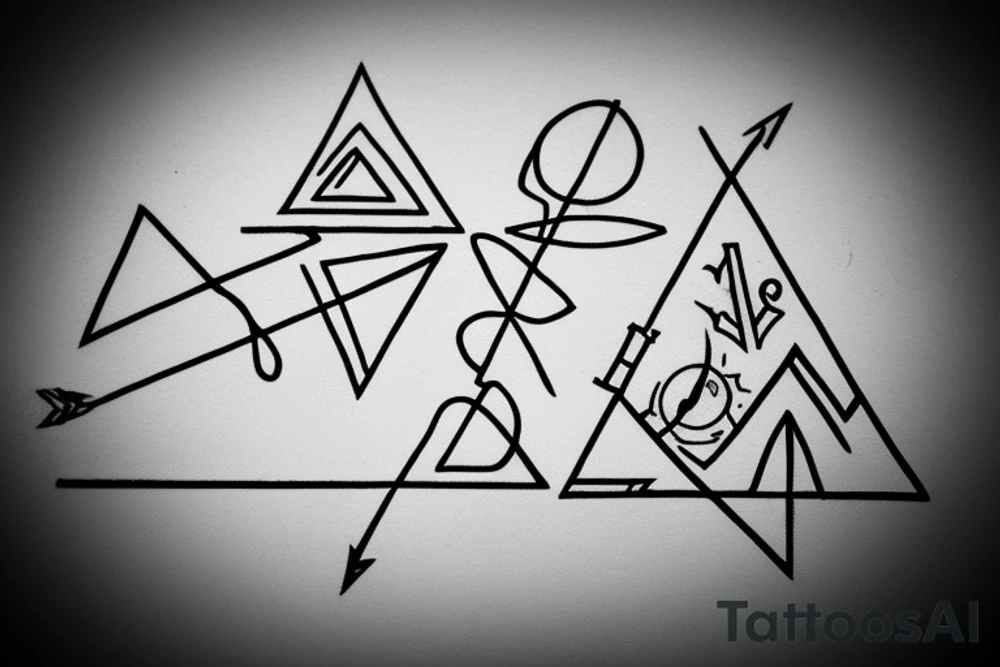 incorporate semicolon in an arrow and the 3 triangles, one solid, one broken and one without a base tattoo idea