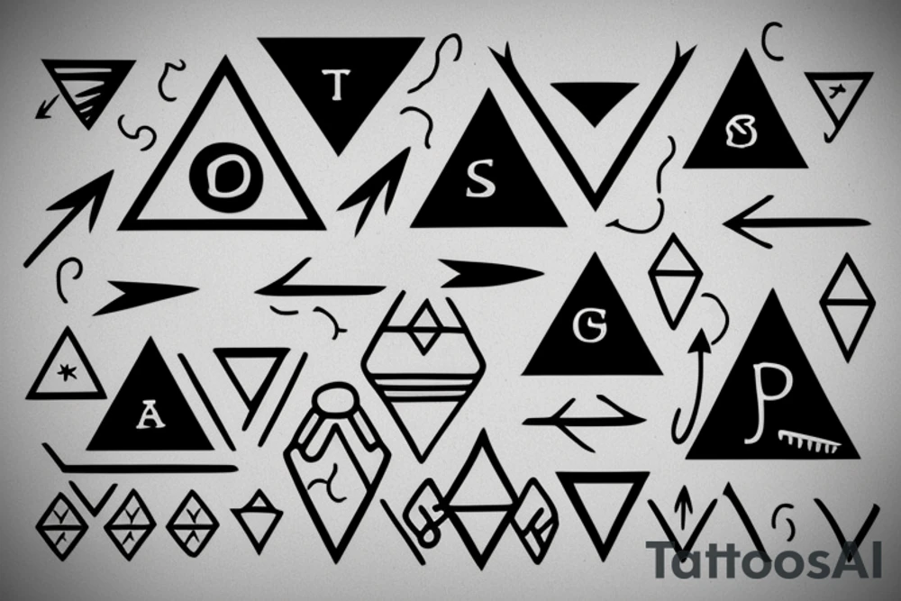 incorporate semicolon in an arrow and the 3 triangles, one solid, one broken and one without a base tattoo idea