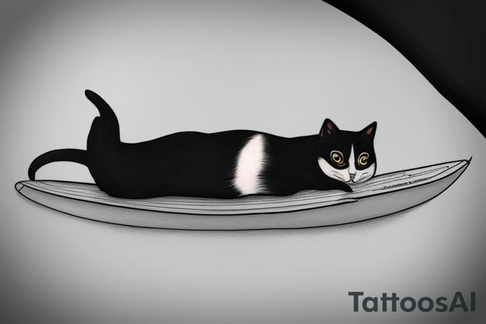 tuxedo cat loafing on a surfboard tattoo idea