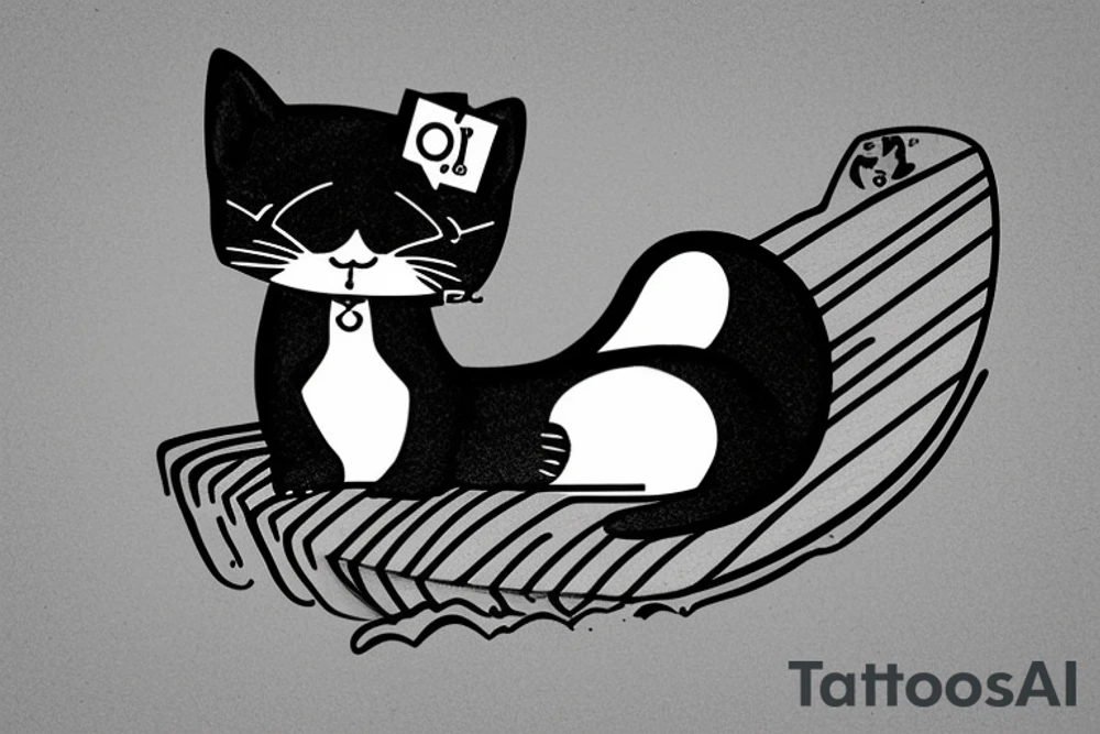 a small tuxedo cat, loafing on a surfboard that's catching a wave tattoo idea