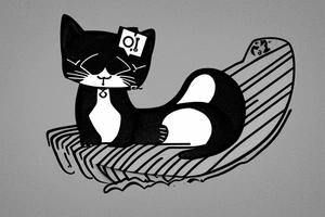 a small tuxedo cat, loafing on a surfboard that's catching a wave tattoo idea