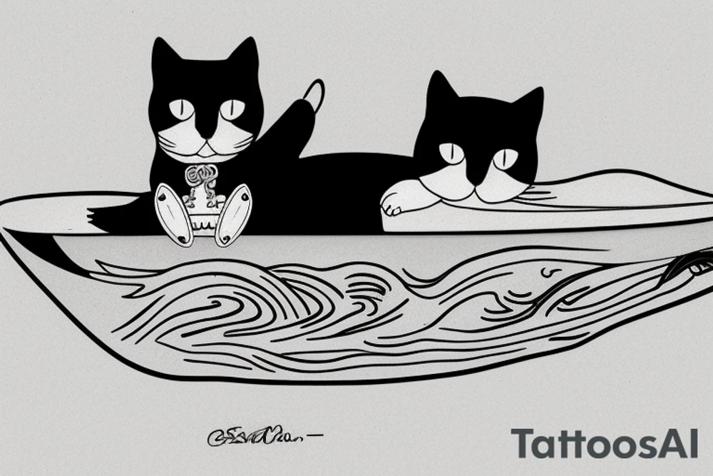 a tuxedo cat loafing on a surfboard that's caught a wave tattoo idea