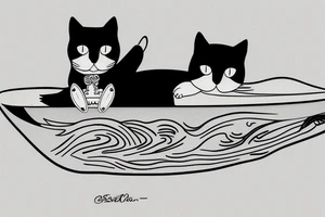 a tuxedo cat loafing on a surfboard that's caught a wave tattoo idea