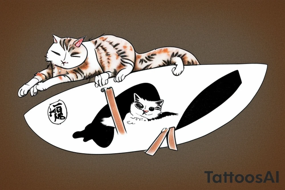 a tuxedo cat loafing on a surfboard that's caught a wave tattoo idea