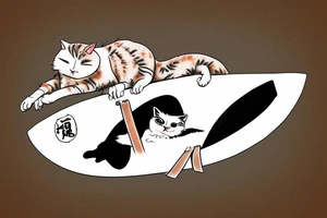 a tuxedo cat loafing on a surfboard that's caught a wave tattoo idea