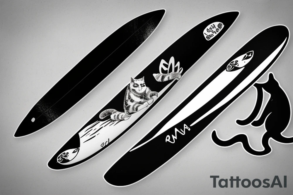 a tuxedo cat loafing on a surfboard that's caught a wave tattoo idea